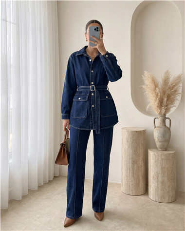 Çanta Cepli Çimalı Pantolonlu Kot Takım  -Laci