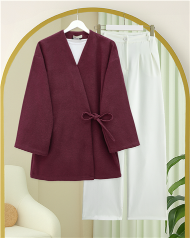 Çapraz Bağlamalı Kaşe Kimono -Bordo