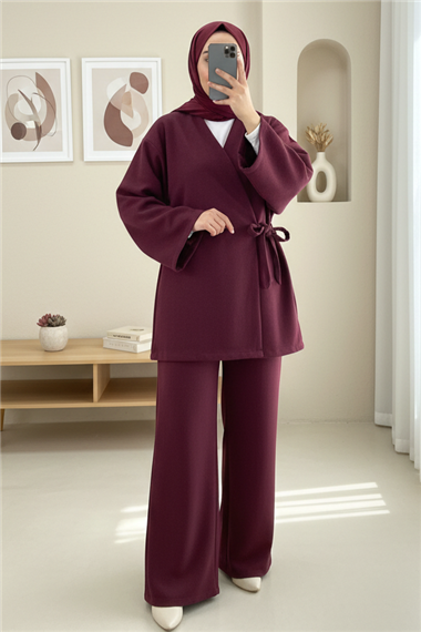 Çapraz Bağlamalı Kaşe Kimono -Bordo