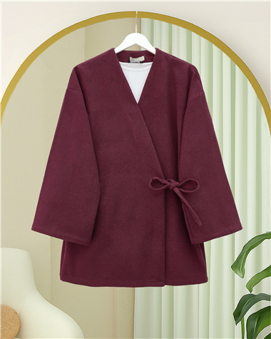 Çapraz Bağlamalı Kaşe Kimono -Bordo