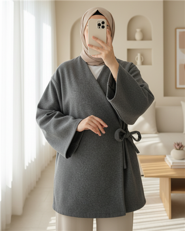 Çapraz Bağlamalı Kaşe Kimono -Füme
