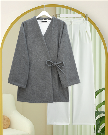 Çapraz Bağlamalı Kaşe Kimono -Füme