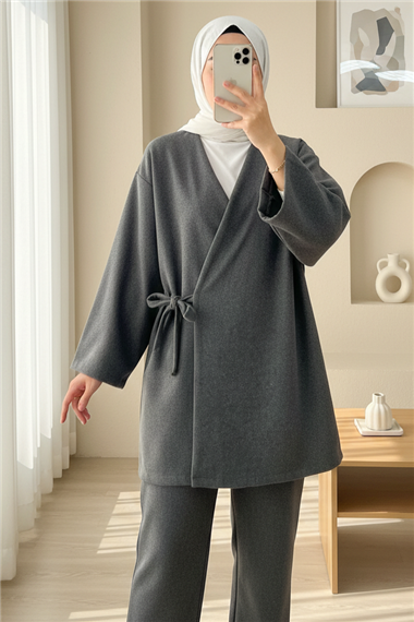 Çapraz Bağlamalı Kaşe Kimono -Füme