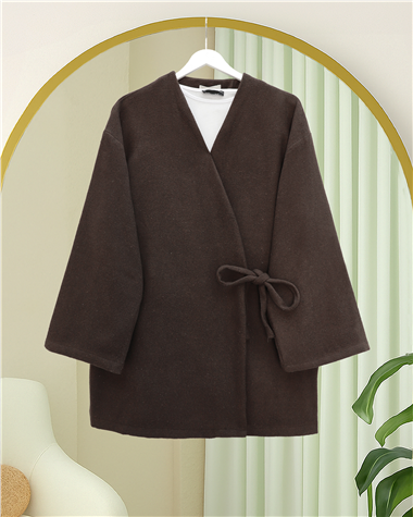 Çapraz Bağlamalı Kaşe Kimono -Kahve