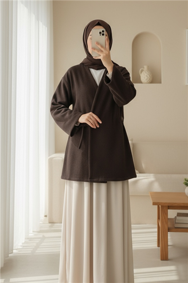Çapraz Bağlamalı Kaşe Kimono -Kahve