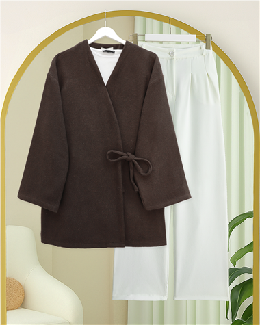 Çapraz Bağlamalı Kaşe Kimono -Kahve