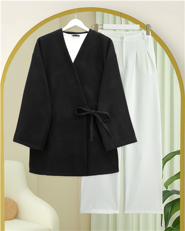 Çapraz Bağlamalı Kaşe Kimono -Siyah