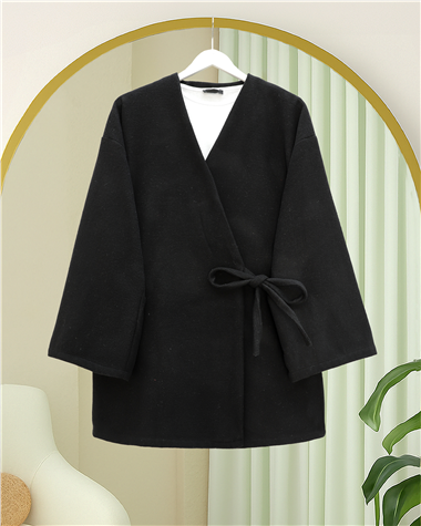Çapraz Bağlamalı Kaşe Kimono -Siyah