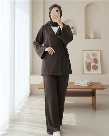 Çapraz Bağlamalı Selanik Kimono Takım -Kahve
