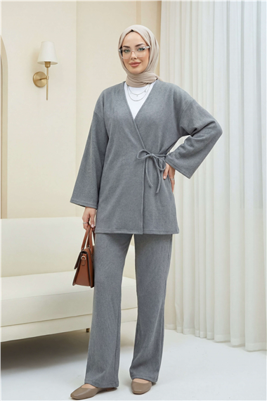 Çapraz Bağlamalı Selanik Kimono Takım -Gri