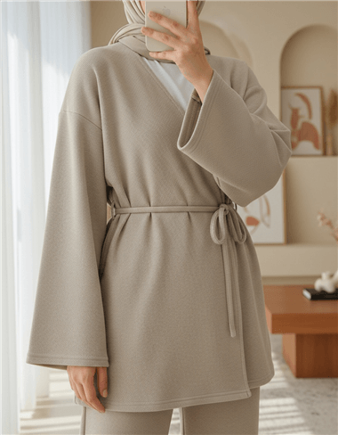 Çapraz Bağlamalı Selanik Kimono Takım -Bej