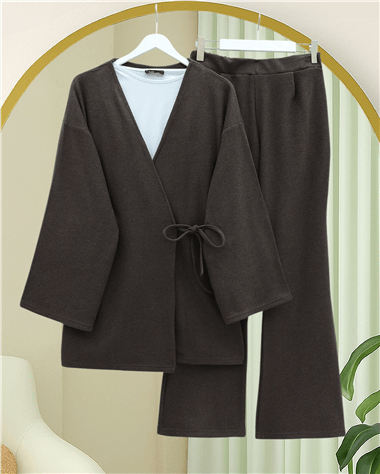Çapraz Bağlamalı Selanik Kimono Takım -Kahve