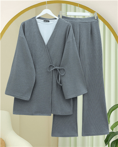 Çapraz Bağlamalı Selanik Kimono Takım -Gri