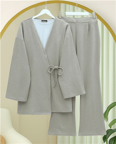 Çapraz Bağlamalı Selanik Kimono Takım -Bej