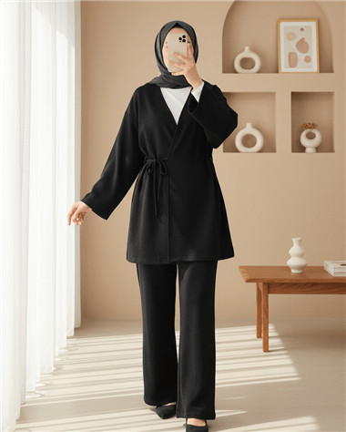 Çapraz Bağlamalı Selanik Kimono Takım -Antrasit