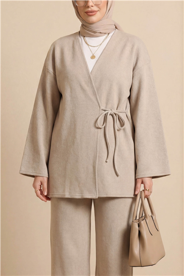 Çapraz Bağlamalı Selanik Kimono Takım -Bej