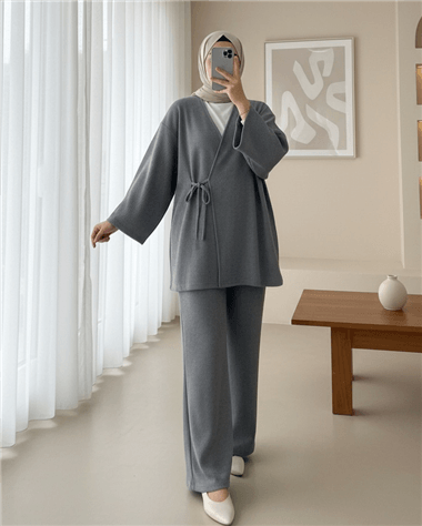 Çapraz Bağlamalı Selanik Kimono Takım -Gri