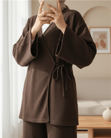 Çapraz Bağlamalı Selanik Kimono Takım -Kahve