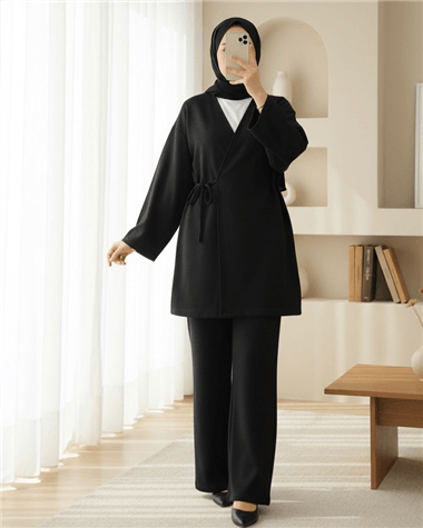 Çapraz Bağlamalı Selanik Kimono Takım -Siyah