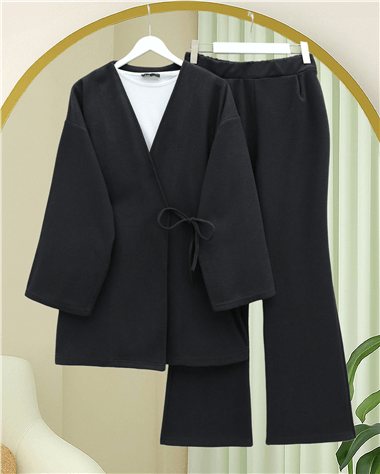 Çapraz Bağlamalı Selanik Kimono Takım -Siyah