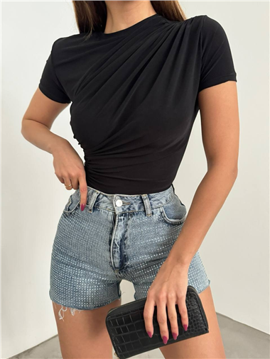 Çapraz Büzgülü Kısa Kol Sandy Bluz  -Siyah