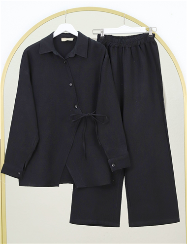 Çapraz Düğmeli Çift Bağcıklı Müslin Takım -Siyah