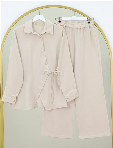 Çapraz Düğmeli Çift Bağcıklı Müslin Takım -Taş