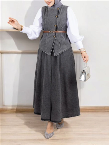 Çapraz Düğmeli Kemerli Yelek Etek Kot Takım -Füme