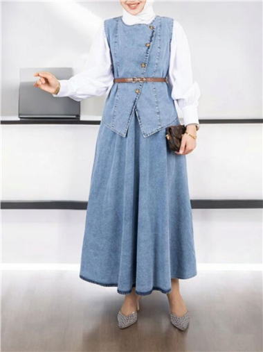 Çapraz Düğmeli Kemerli Yelek Etek Kot Takım -Buz Mavi