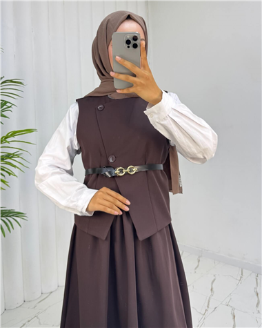 Çapraz Düğmeli Kemerli Yelek Etek Takım -Kahve