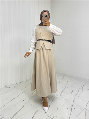 Çapraz Düğmeli Kemerli Yelek Etek Takım -Bej