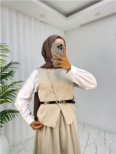 Çapraz Düğmeli Kemerli Yelek Etek Takım -Bej