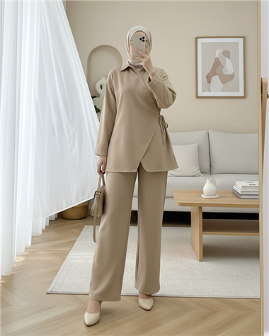 Çapraz Düğmeli Yandan Bağlamalı Yün Efekt Takım  -Vizon