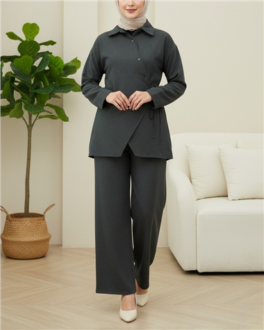 Çapraz Düğmeli Yandan Bağlamalı Yün Efekt Takım  -Antrasit