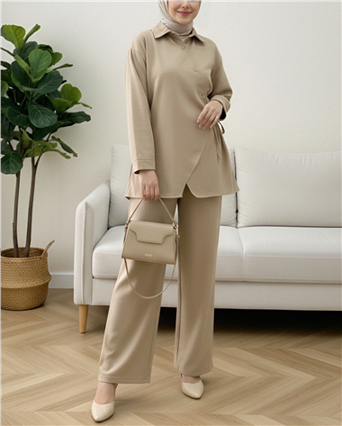 Çapraz Düğmeli Yandan Bağlamalı Yün Efekt Takım  -Vizon