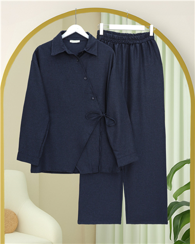 Çapraz Düğmeli Yandan Bağlamalı Yün Efekt Takım  -Laci