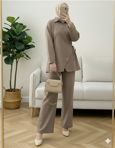 Çapraz Düğmeli Yandan Bağlamalı Yün Efekt Takım  -Açık Kahve