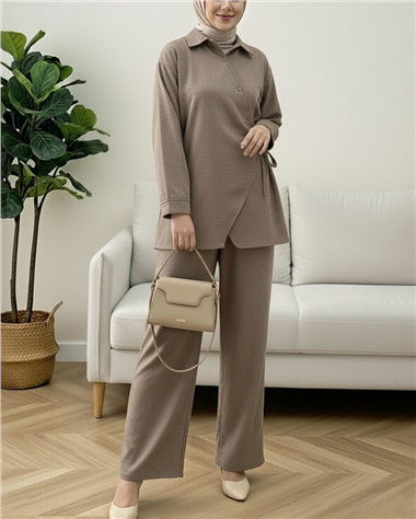 Çapraz Düğmeli Yandan Bağlamalı Yün Efekt Takım  -Açık Kahve