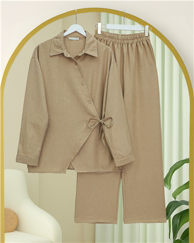 Çapraz Düğmeli Yandan Bağlamalı Yün Efekt Takım  -Vizon