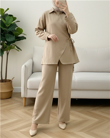 Çapraz Düğmeli Yandan Bağlamalı Yün Efekt Takım  -Vizon