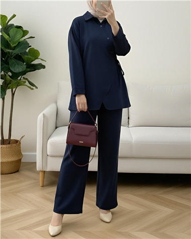 Çapraz Düğmeli Yandan Bağlamalı Yün Efekt Takım  -Laci