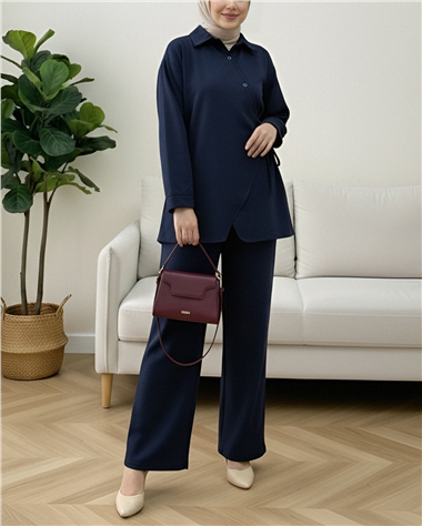 Çapraz Düğmeli Yandan Bağlamalı Yün Efekt Takım  -Laci