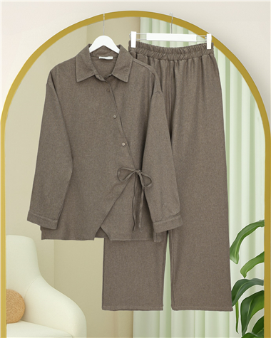 Çapraz Düğmeli Yandan Bağlamalı Yün Efekt Takım  -Açık Kahve