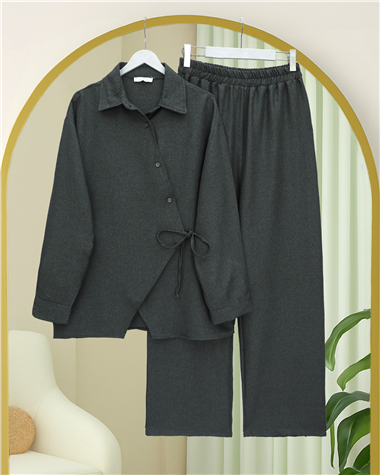 Çapraz Düğmeli Yandan Bağlamalı Yün Efekt Takım  -Antrasit