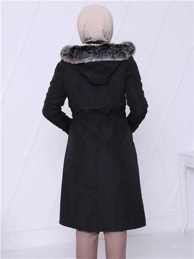 معطف بونديت بغطاء للرأس مع جيب بسحاب - أسود