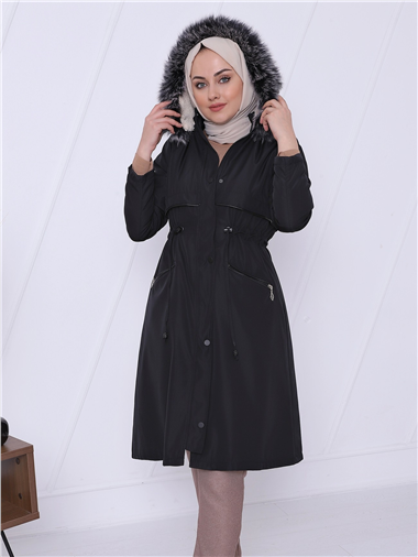 معطف بونديت بغطاء للرأس مع جيب بسحاب - أسود