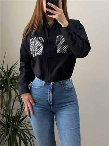 Cebi Taşlı Poplin Gömlek -Siyah