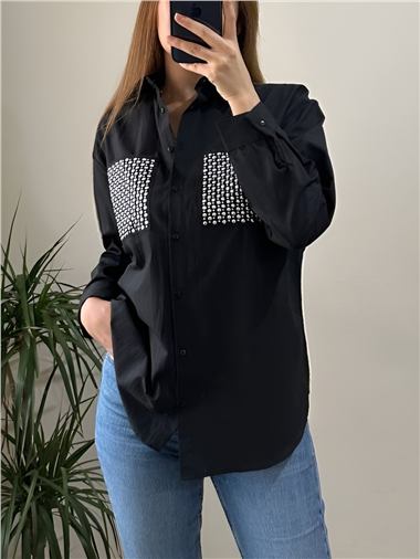 Cebi Taşlı Poplin Gömlek -Siyah