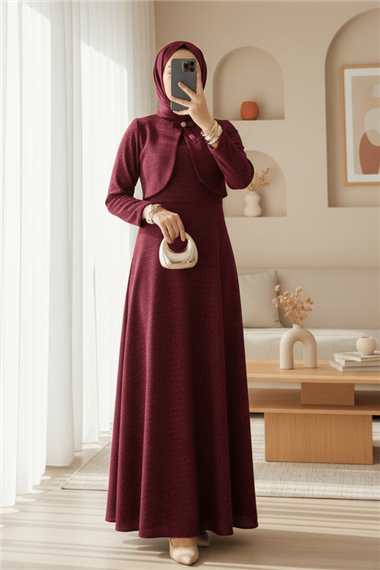 Ceket Detaylı Simli Broşlu Elbise  -Bordo