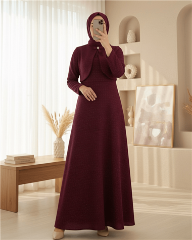 Ceket Detaylı Simli Broşlu Elbise  -Bordo